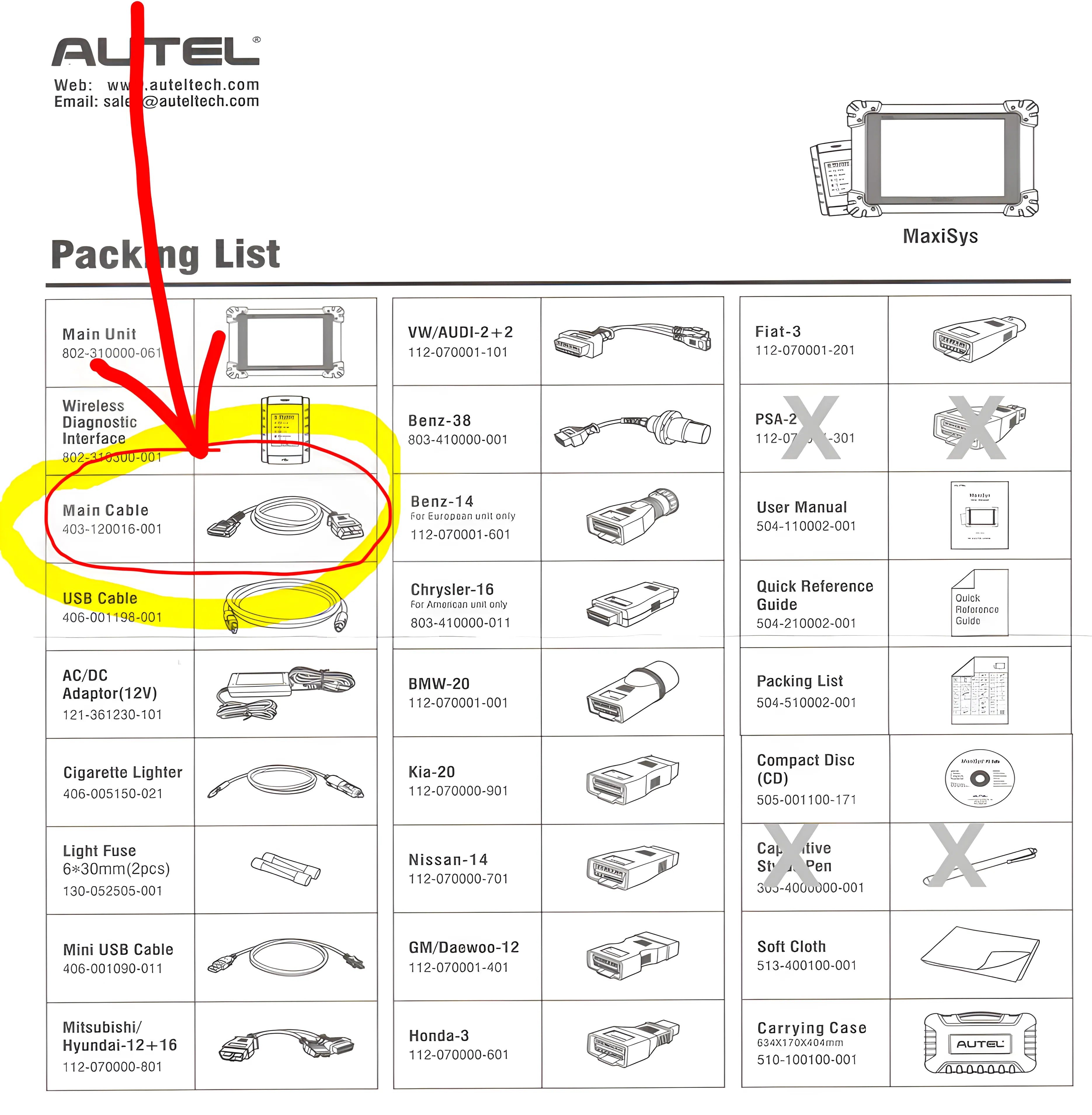 Main Cable for Autel MaxiSys ms908, ms908s, ms905, ms906, ms906ts (White 15-pin female)