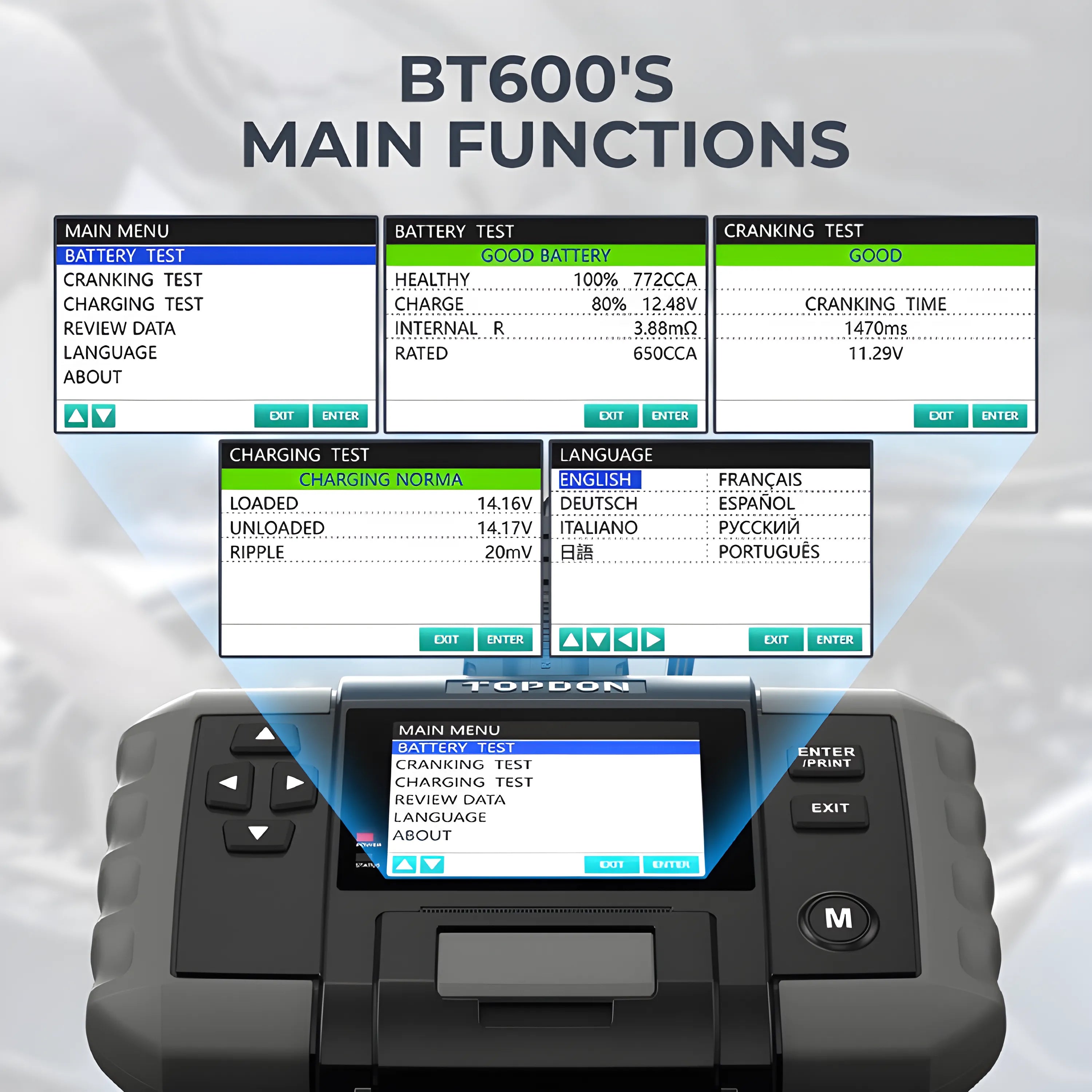 TopDon BT600 12V Battery &amp; 12V/24V System Tester w/Built-in Printer